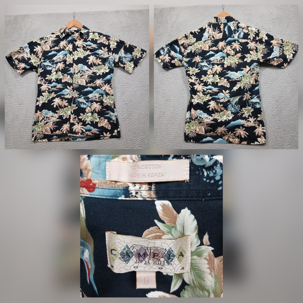 CMPA Hawaiian Shirt Mens L Black Tropical‎ Palm Tree Made in Korea Vintage